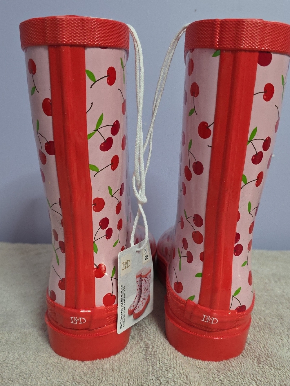 Kids Cherry Print Pink Rain Boots with Red Trim - Picture 9 of 9